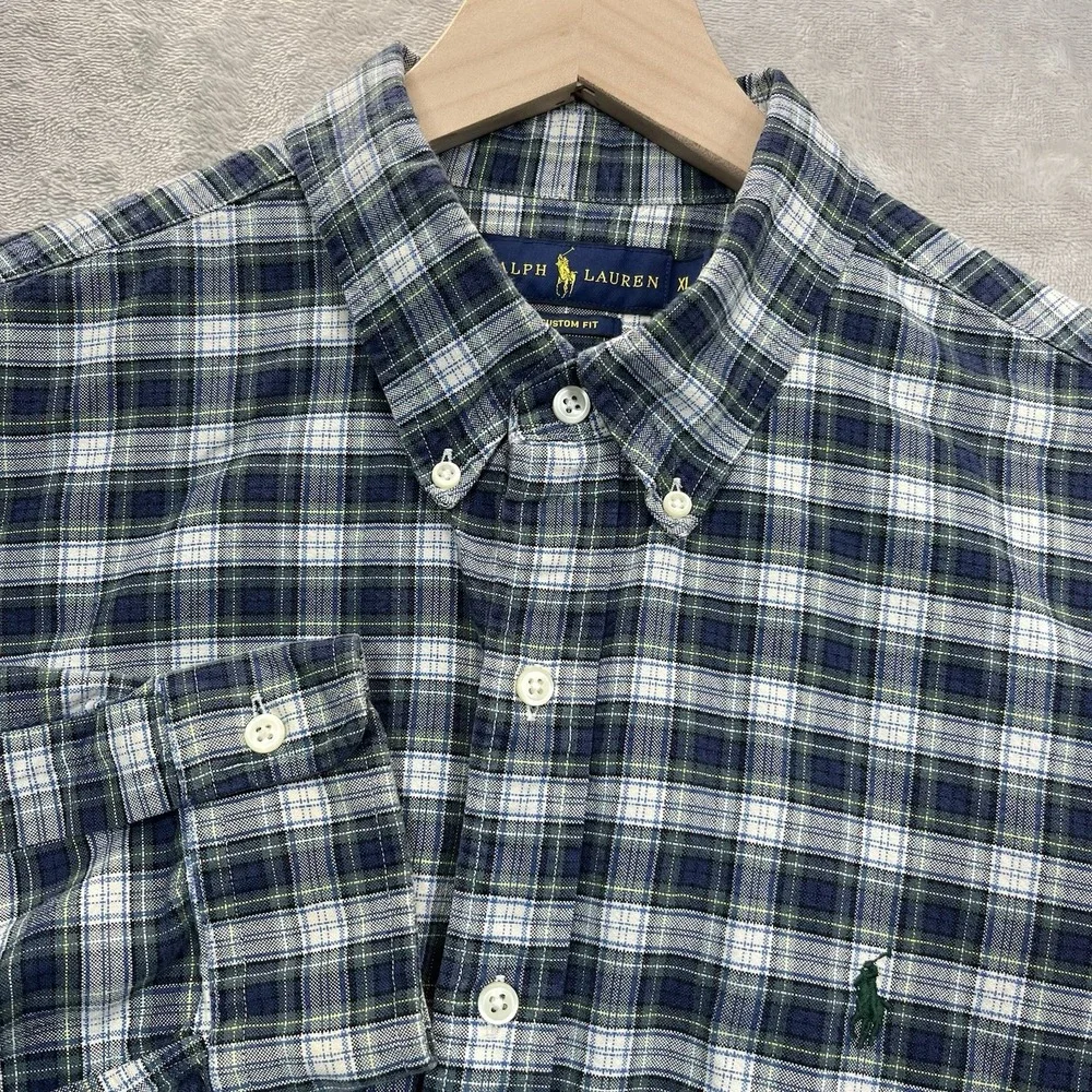 Ralph Lauren Shirt Mens XL Custom Fit Blue Green Plaid Button Down